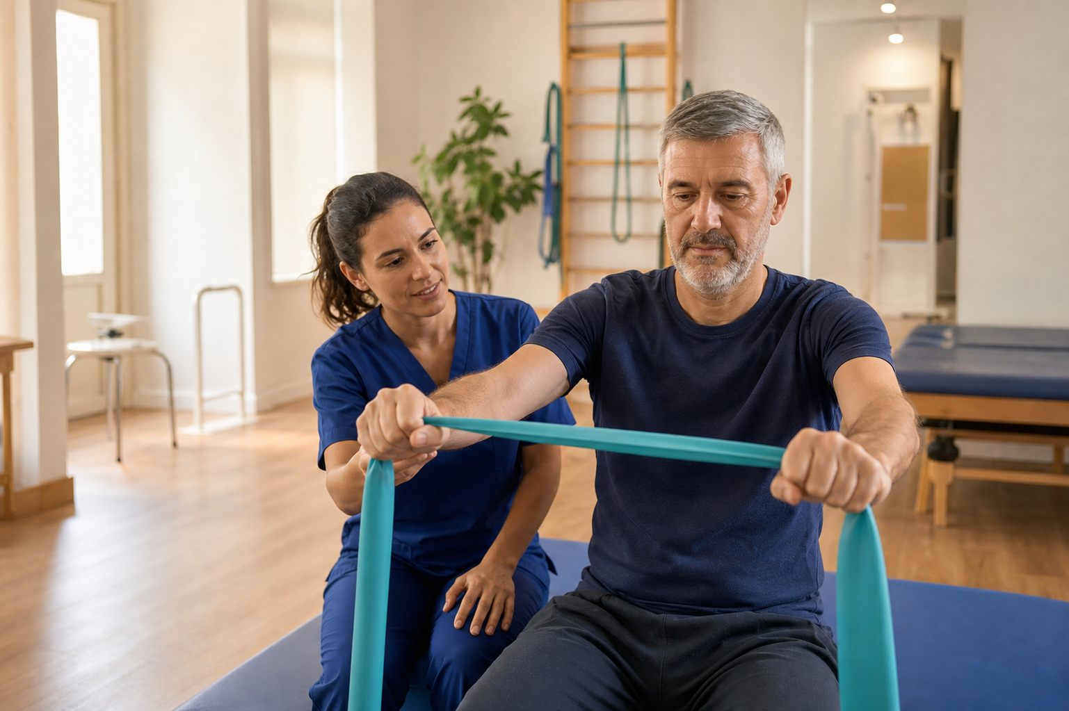 Paciente adulto y terapeuta en una sesión de neurorrehabilitación